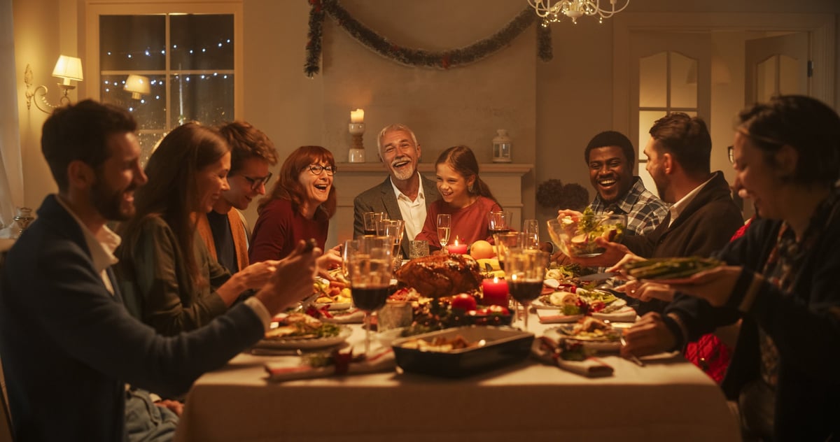 Dutch angle shot of Caucasian young family sitting at table in food court and posing for portrait